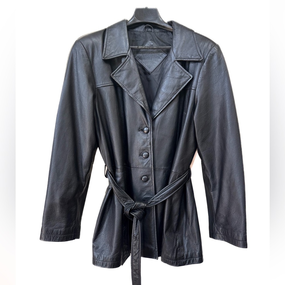 JACQUELINE FERRAR WOMAN'S BLACK LEATHER JACKET BUTTON UP BELTED BLAZER